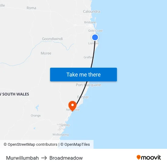 Murwillumbah to Broadmeadow map