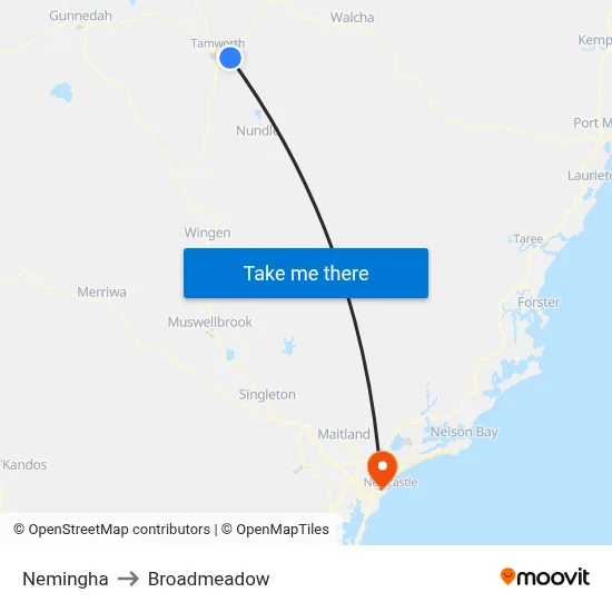 Nemingha to Broadmeadow map