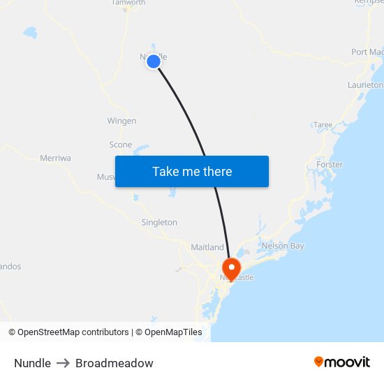 Nundle to Broadmeadow map