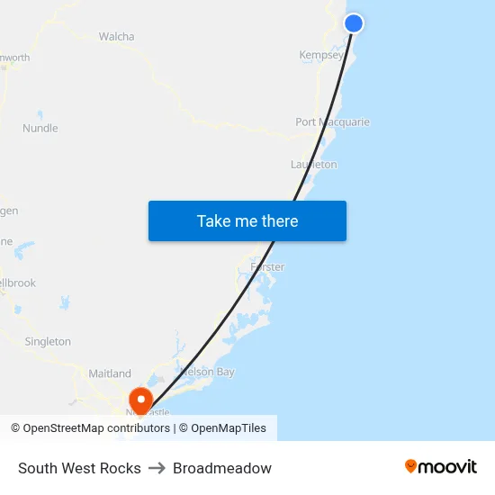South West Rocks to Broadmeadow map