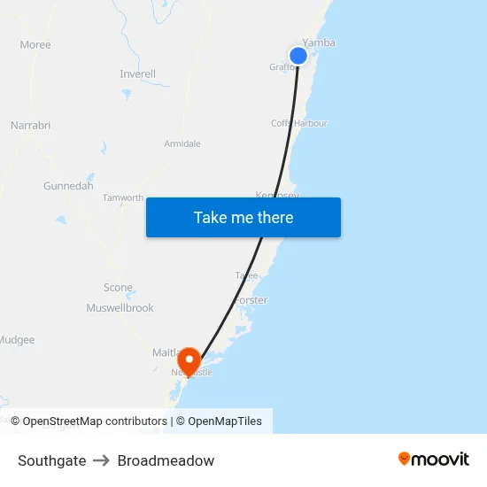 Southgate to Broadmeadow map