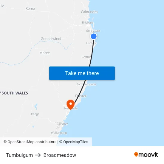 Tumbulgum to Broadmeadow map