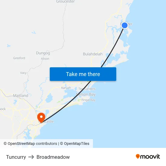 Tuncurry to Broadmeadow map