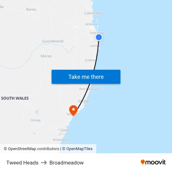 Tweed Heads to Broadmeadow map