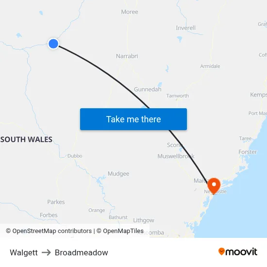 Walgett to Broadmeadow map