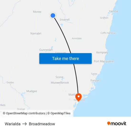 Warialda to Broadmeadow map