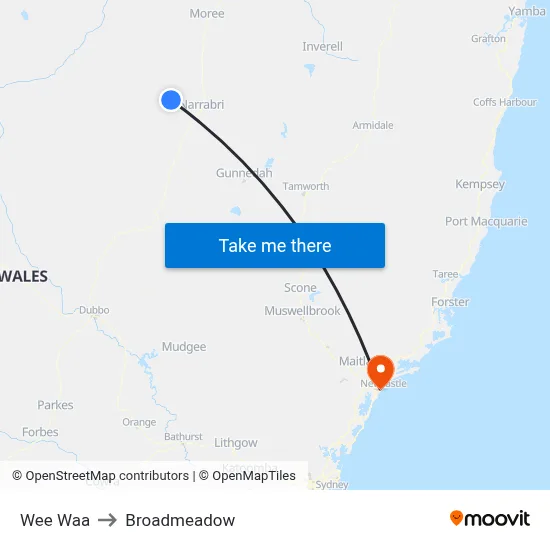 Wee Waa to Broadmeadow map