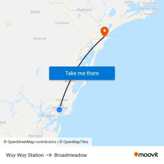 Woy Woy Station to Broadmeadow map
