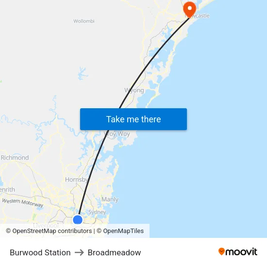 Burwood Station to Broadmeadow map