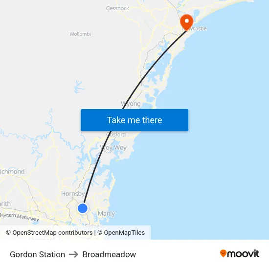 Gordon Station to Broadmeadow map