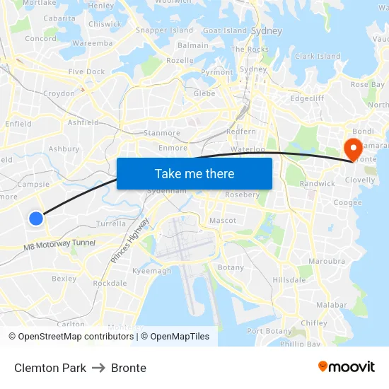 Clemton Park to Bronte map
