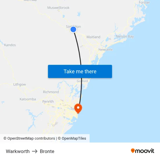 Warkworth to Bronte map