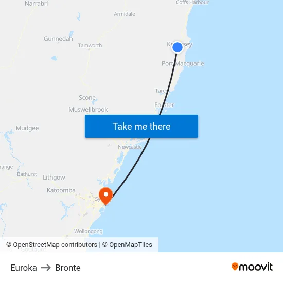 Euroka to Bronte map