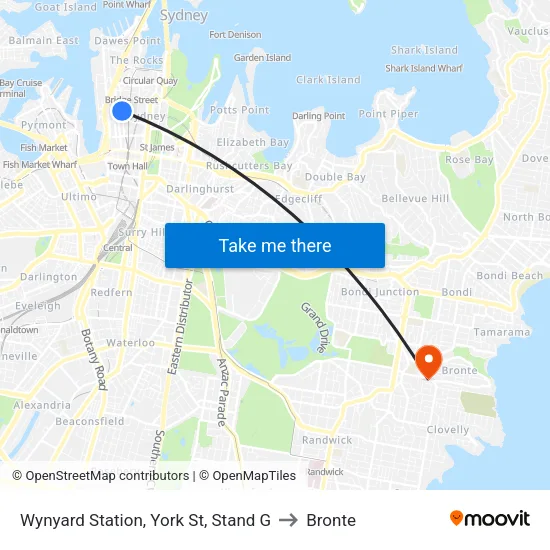 Wynyard Station, York St, Stand G to Bronte map