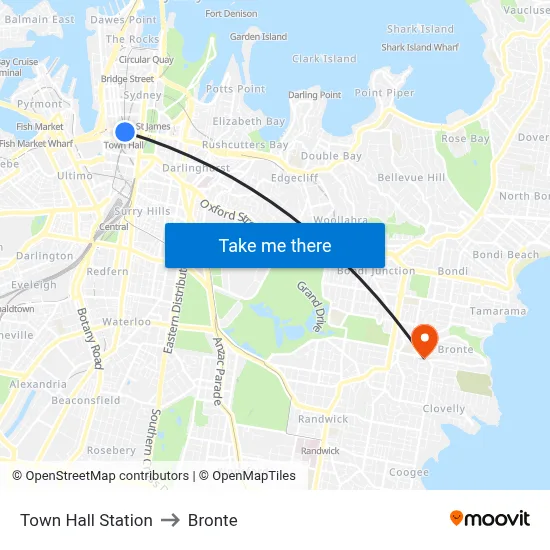 Town Hall Station to Bronte map