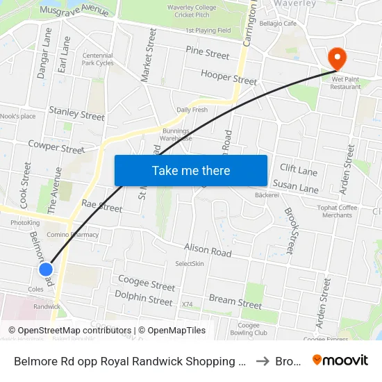 Belmore Rd opp Royal Randwick Shopping Centre to Bronte map