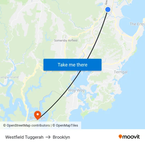 Westfield Tuggerah to Brooklyn map