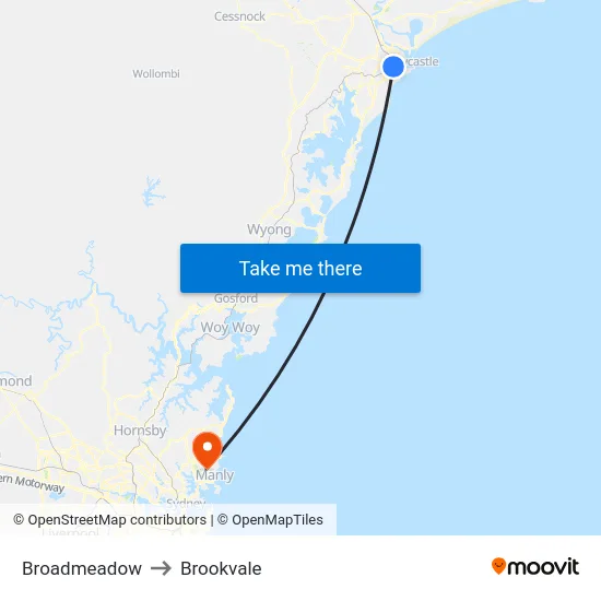 Broadmeadow to Brookvale map