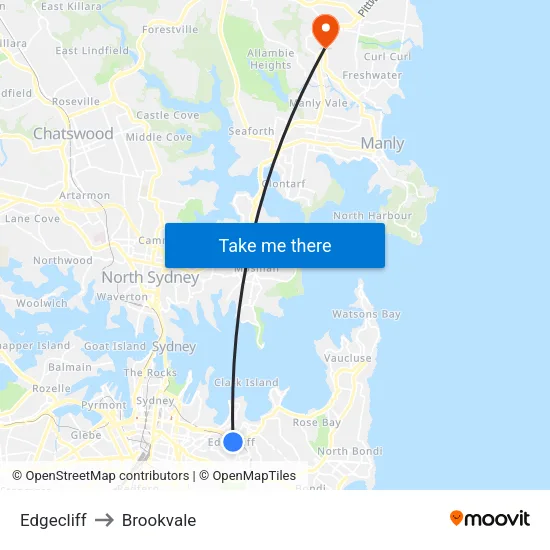 Edgecliff to Brookvale map