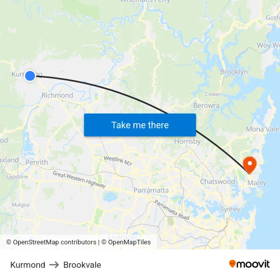 Kurmond to Brookvale map