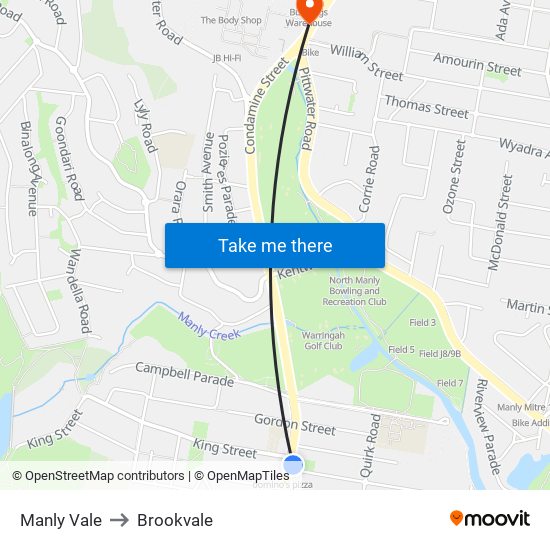 Manly Vale to Brookvale map
