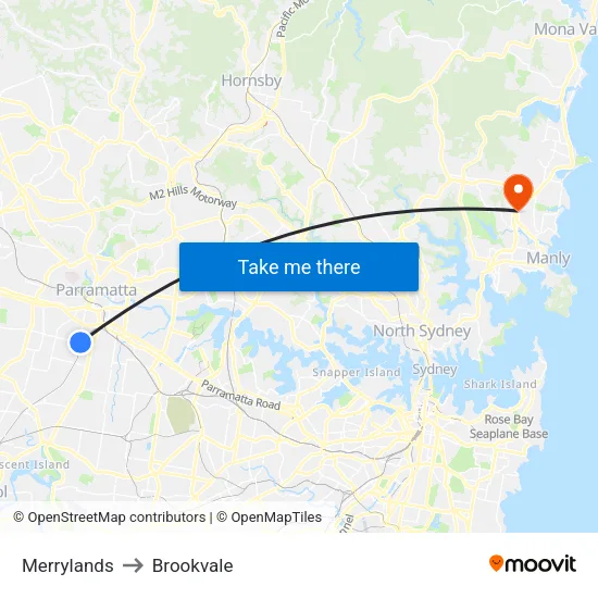 Merrylands to Brookvale map