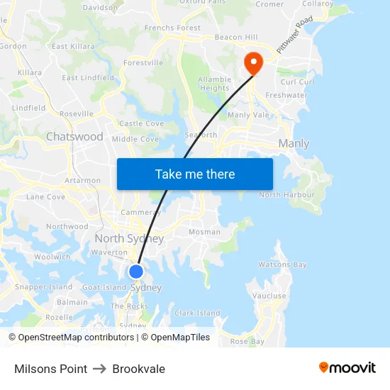 Milsons Point to Brookvale map