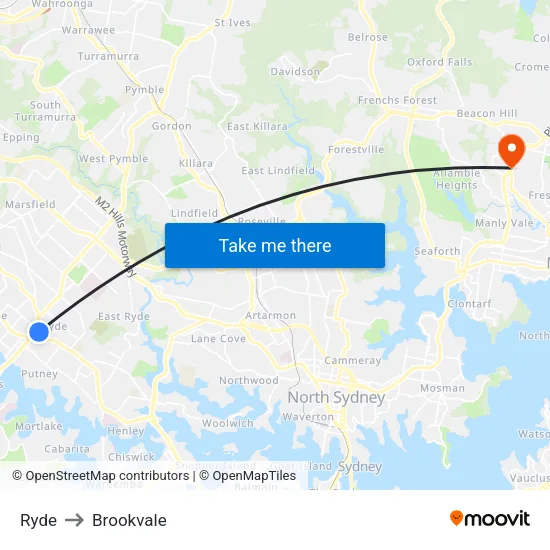 Ryde to Brookvale map