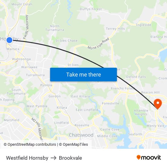 Westfield Hornsby to Brookvale map