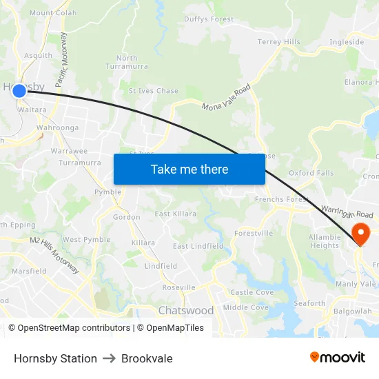 Hornsby Station to Brookvale map