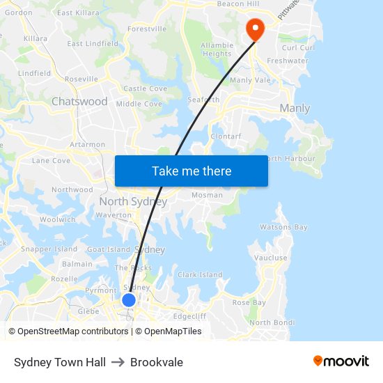 Sydney Town Hall to Brookvale map