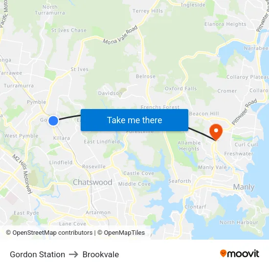 Gordon Station to Brookvale map