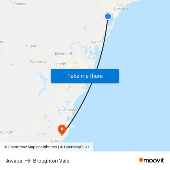 Awaba to Broughton Vale map