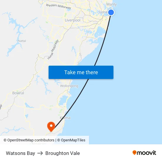 Watsons Bay to Broughton Vale map