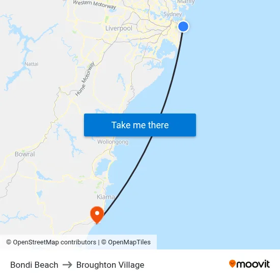Bondi Beach to Broughton Village map