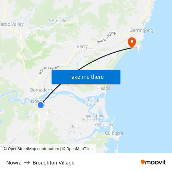 Nowra to Broughton Village map