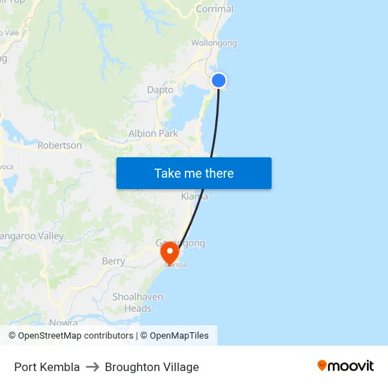 Port Kembla to Broughton Village map
