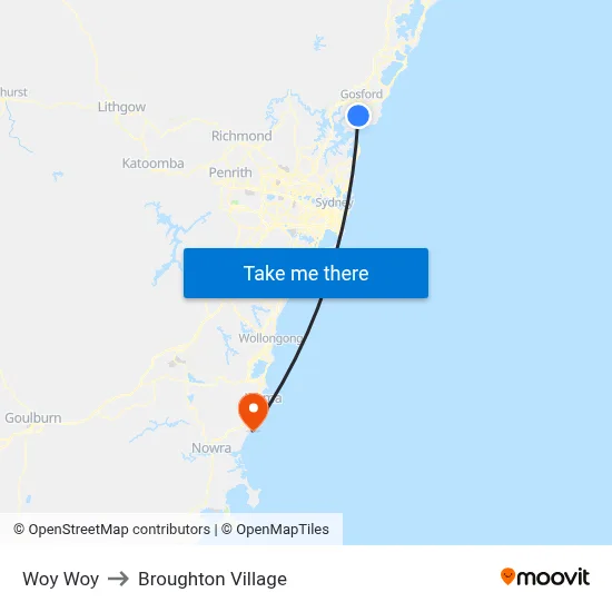 Woy Woy to Broughton Village map