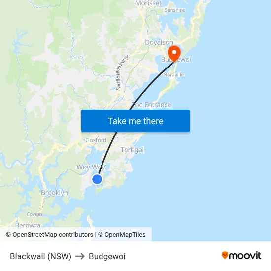 Blackwall (NSW) to Budgewoi map