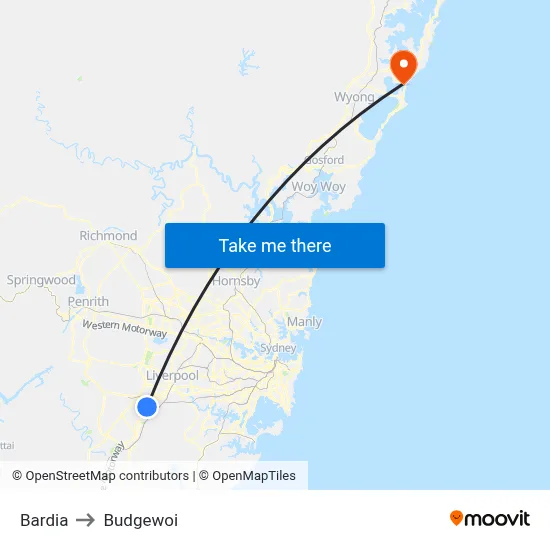 Bardia to Budgewoi map