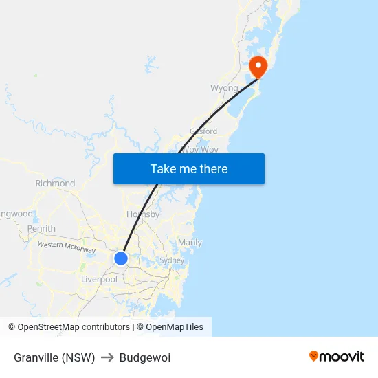 Granville (NSW) to Budgewoi map