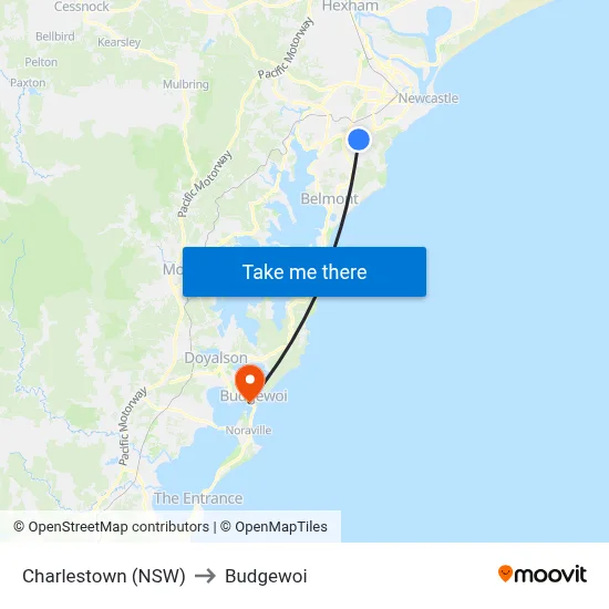 Charlestown (NSW) to Budgewoi map
