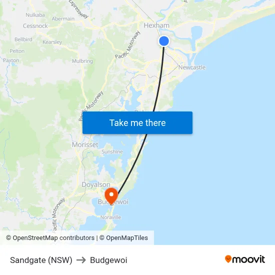 Sandgate (NSW) to Budgewoi map