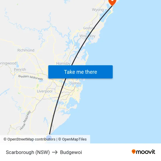 Scarborough (NSW) to Budgewoi map
