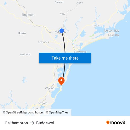 Oakhampton to Budgewoi map