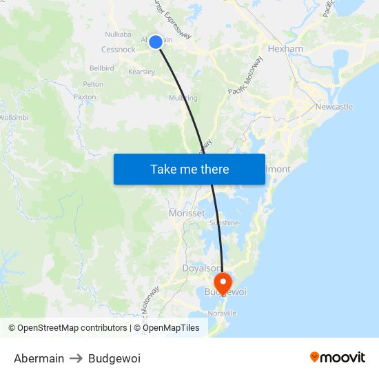 Abermain to Budgewoi map