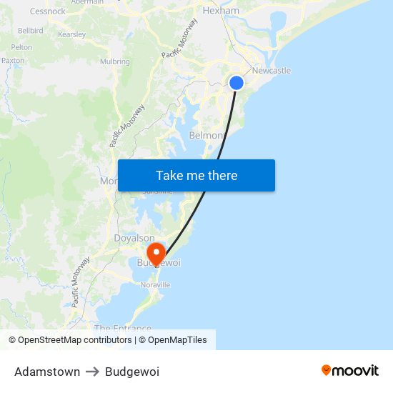 Adamstown to Budgewoi map