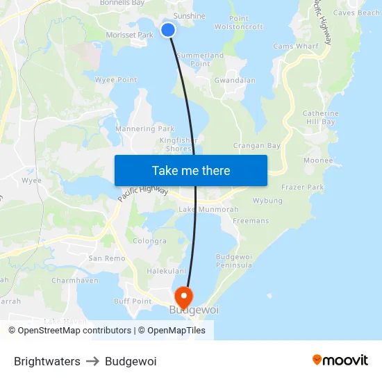 Brightwaters to Budgewoi map