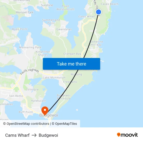 Cams Wharf to Budgewoi map