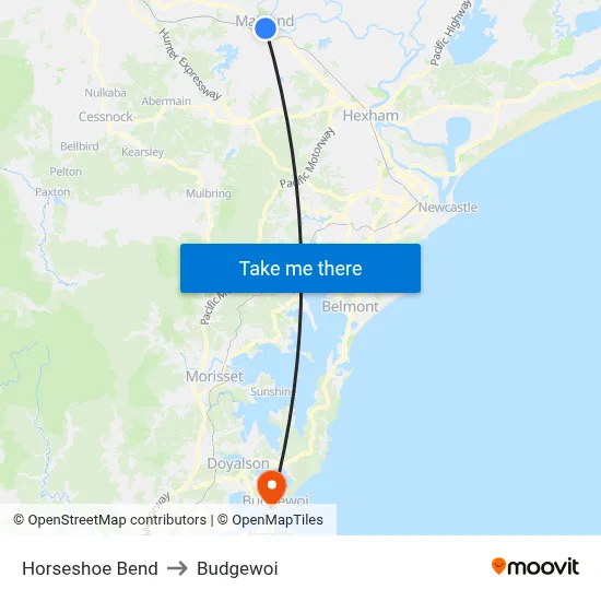 Horseshoe Bend to Budgewoi map